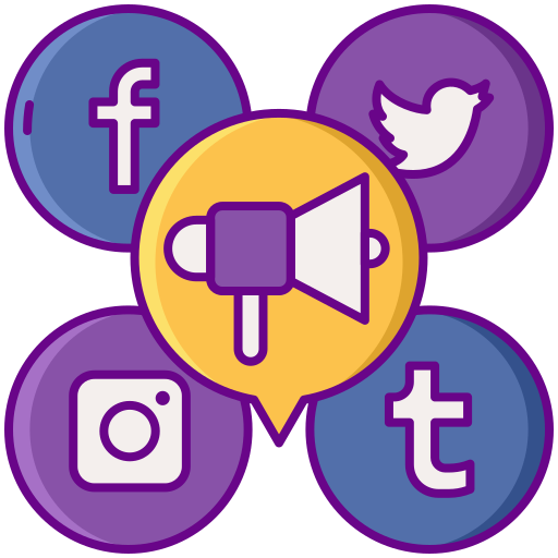 graphic of a megaphone with 4 social media icons